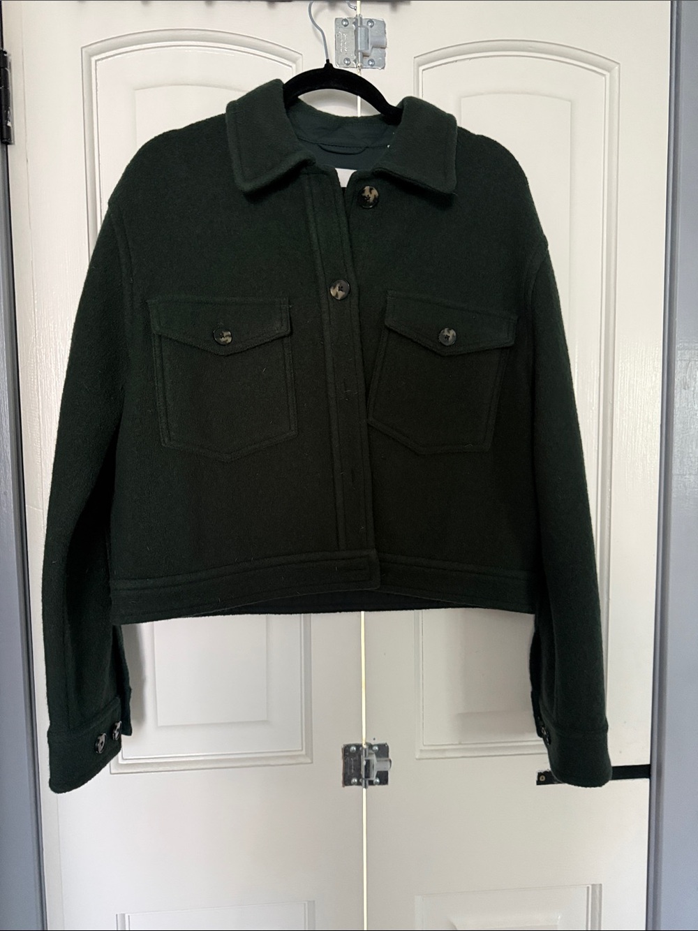 Cropped Dark Green Wool Button-Front Jacket